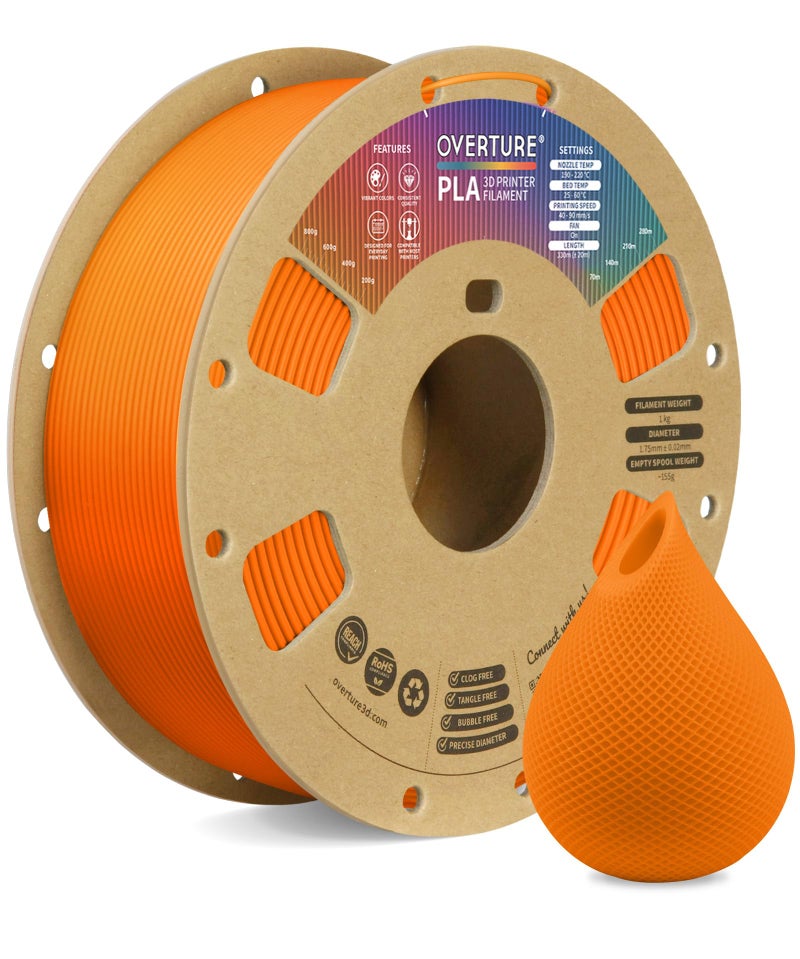 OVERTURE PLA Filament 1.75mm, Neatly Wound 3D Printer Filament 1kg Spool (2.2lbs), Dimensional Accuracy +/- 0.02 mm, Fit Most FDM 3D Printers (Orange) - Image 1